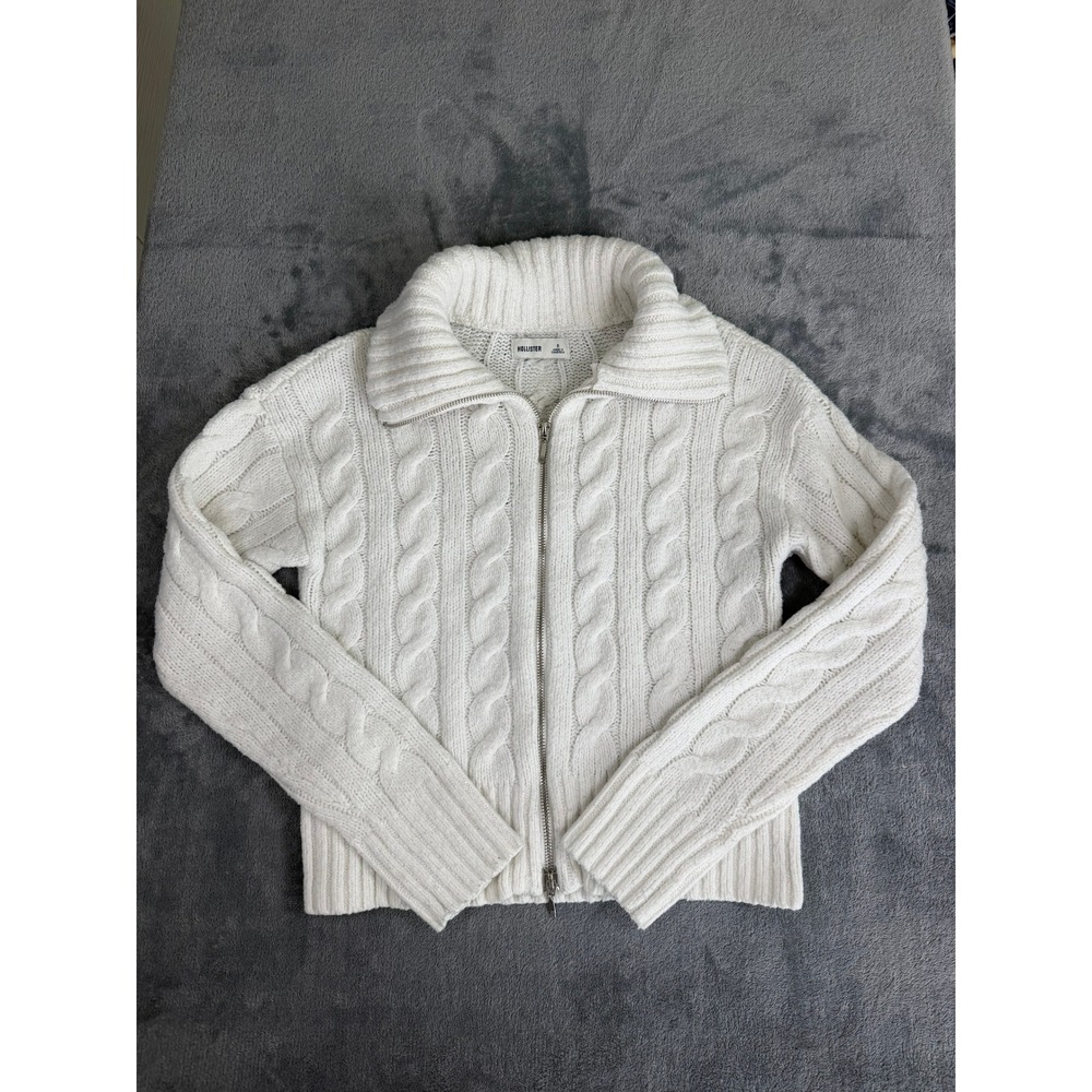 Hollister White Cable Knit Zip-Up Sweater Jacket Cardigan Preppy Academia Y2K S - Picture 3 of 11